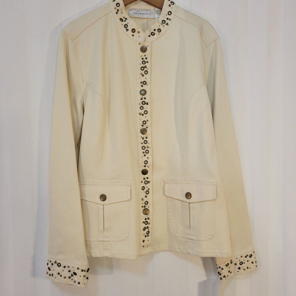 Susan Bristol denim rivet bead jean jacket coat snap Coat Women's Tan . $128